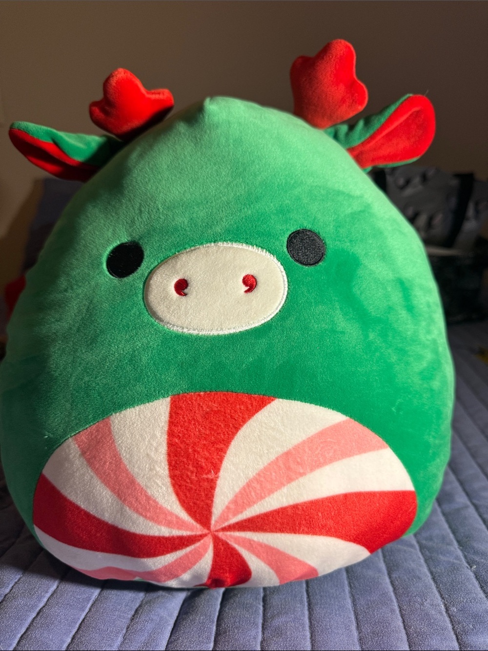 Squishmallows Green Reindeer with Red Antlers and Candy Stripe Belly